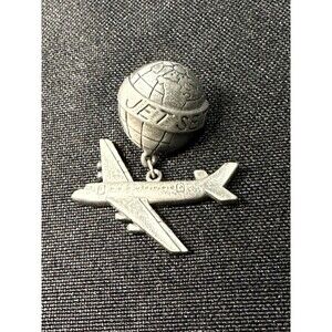 Jet Set Lapel Jacket Pin Pewter 2 Piece World Globe With Dangling Airplane